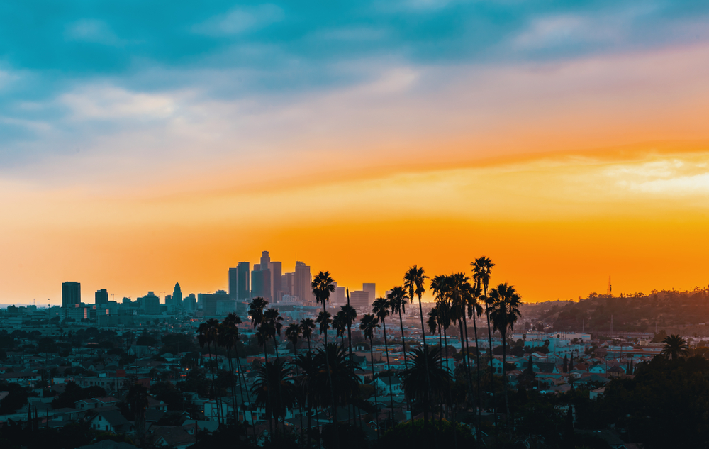 view of los Angeles skyline during a sunrise