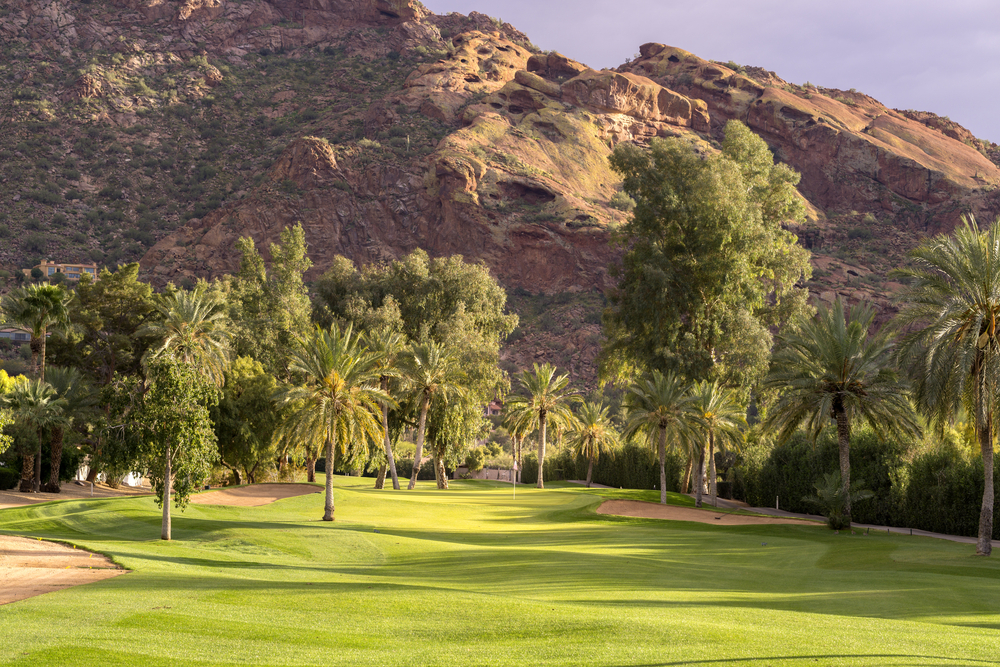 golf course with palm trees and mountain in the back