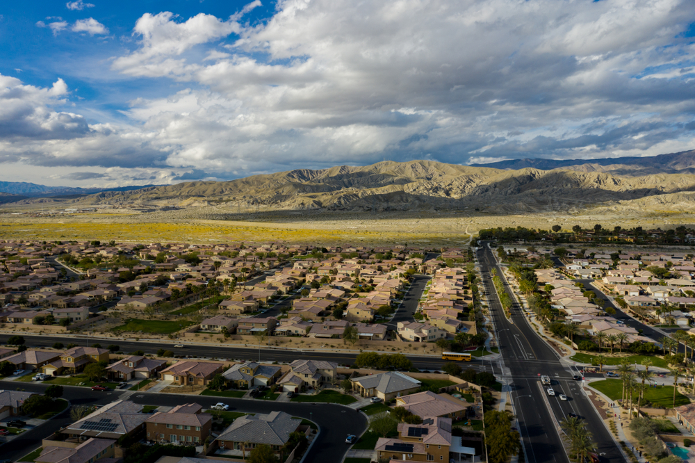 Aerial image of Indio with cloudy skies