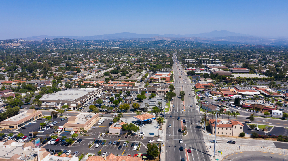 Aerial view of Tustin, CA during the day time