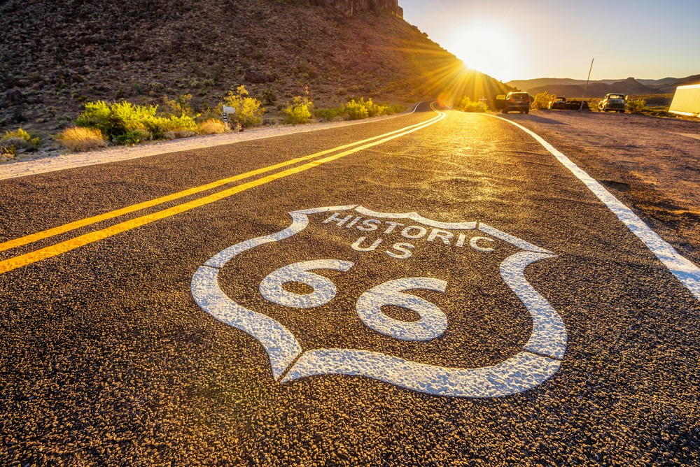 Historic Route 66 signage on road